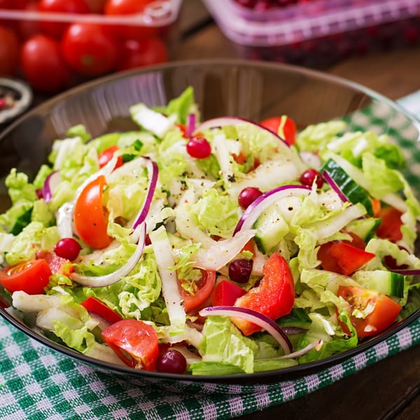 Fresh American salad with lettuce, tomatoes, red onions, cucumbers, and cranberries in a dark bowl.